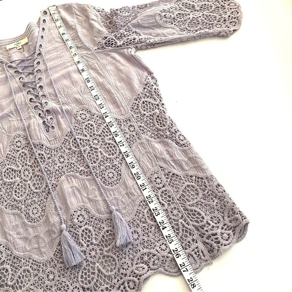 Lilac Tunic Top S/M Floral Cotton Lace-up Embroidered Crochet Blouse Flowy - Picture 13 of 15